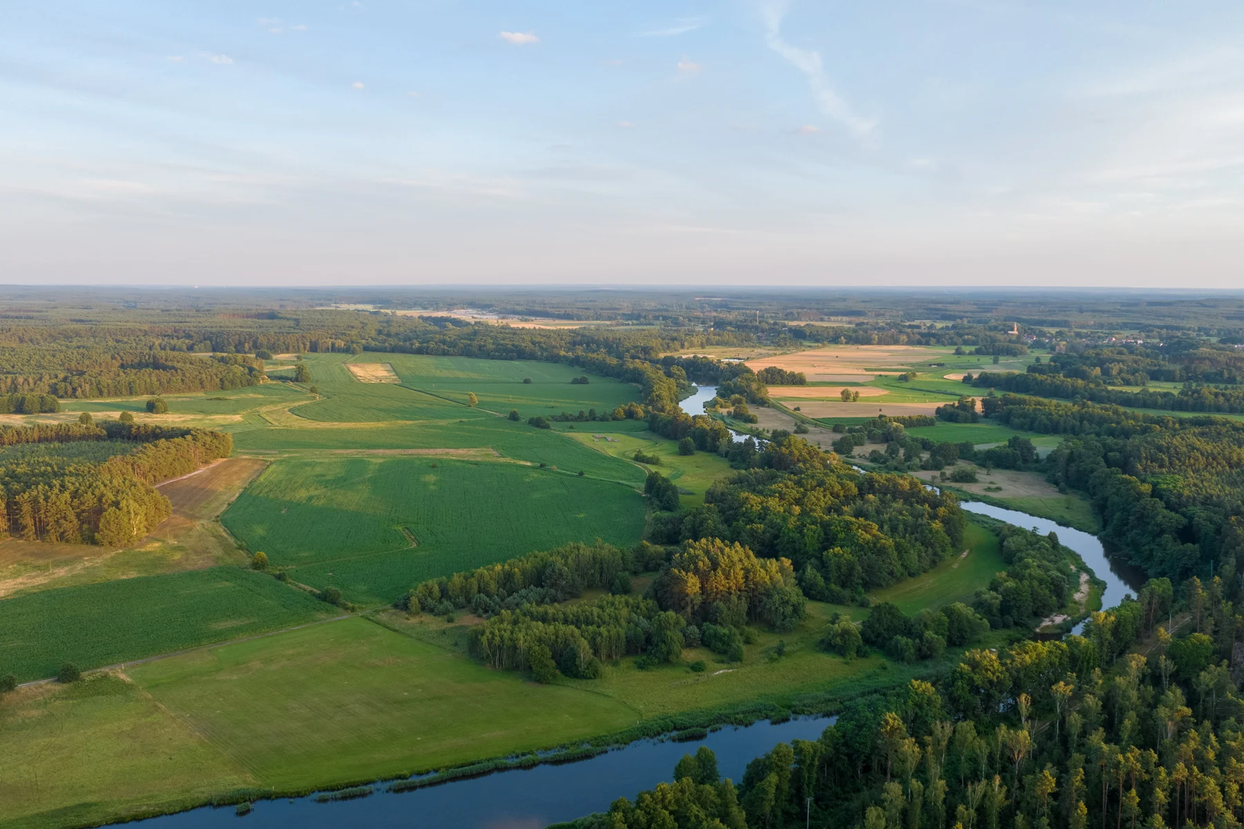 Meandrująca rzeka w szerokiej dolinie, łąki i pola po obu stronach, ściana lasu na krawędzi doliny